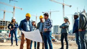 Construction workers representing the southern california contractors association collaborating on-site.
