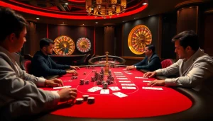 Indbet players enjoying high-stakes poker at an elegant casino table, chips and cards in action.