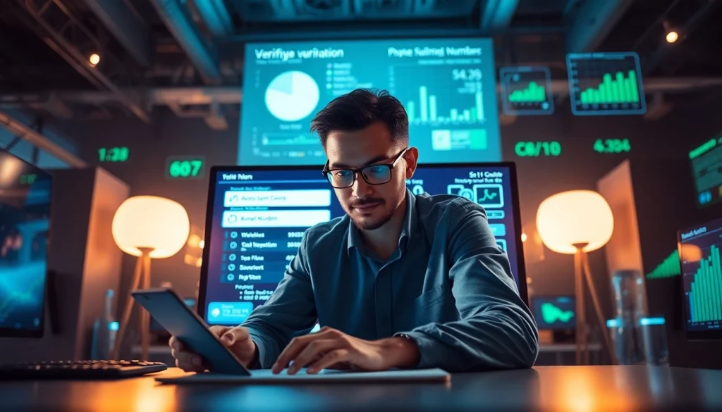 Phone number verification process featuring a professional using modern technology to verify contact information.