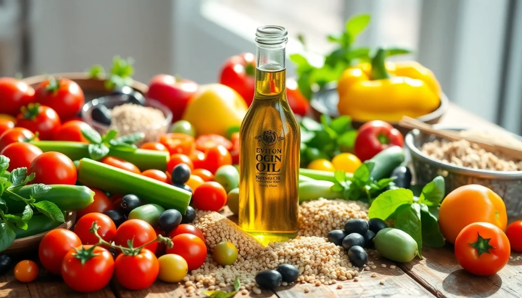 Showcasing a vibrant spread of Mediterranean diet foods, including fresh vegetables and olive oil.