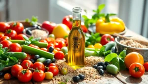 Showcasing a vibrant spread of Mediterranean diet foods, including fresh vegetables and olive oil.