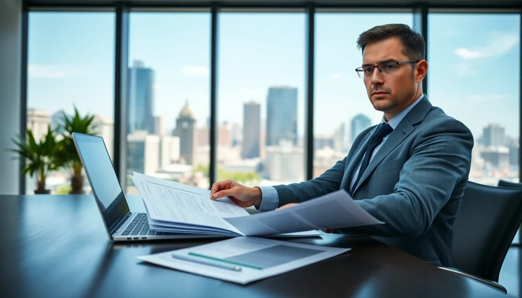 Crisis management consultant evaluating strategies in a professional office setting.