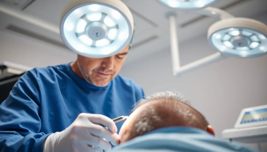 Surgeon conducting a hair transplant procedure with precision in a modern clinic.
