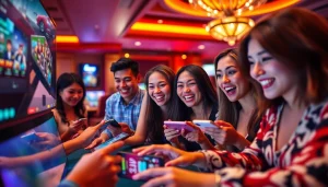 Hello88 brings excitement to online betting with a lively virtual casino scene featuring engaged players and modern gaming devices.
