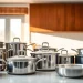 Showcase of premium cookware on a kitchen counter, featuring sleek stainless steel and non-stick pots.