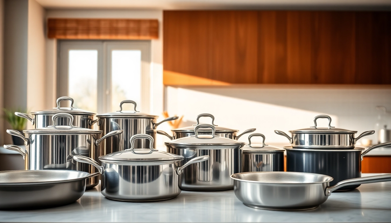 Showcase of premium cookware on a kitchen counter, featuring sleek stainless steel and non-stick pots.