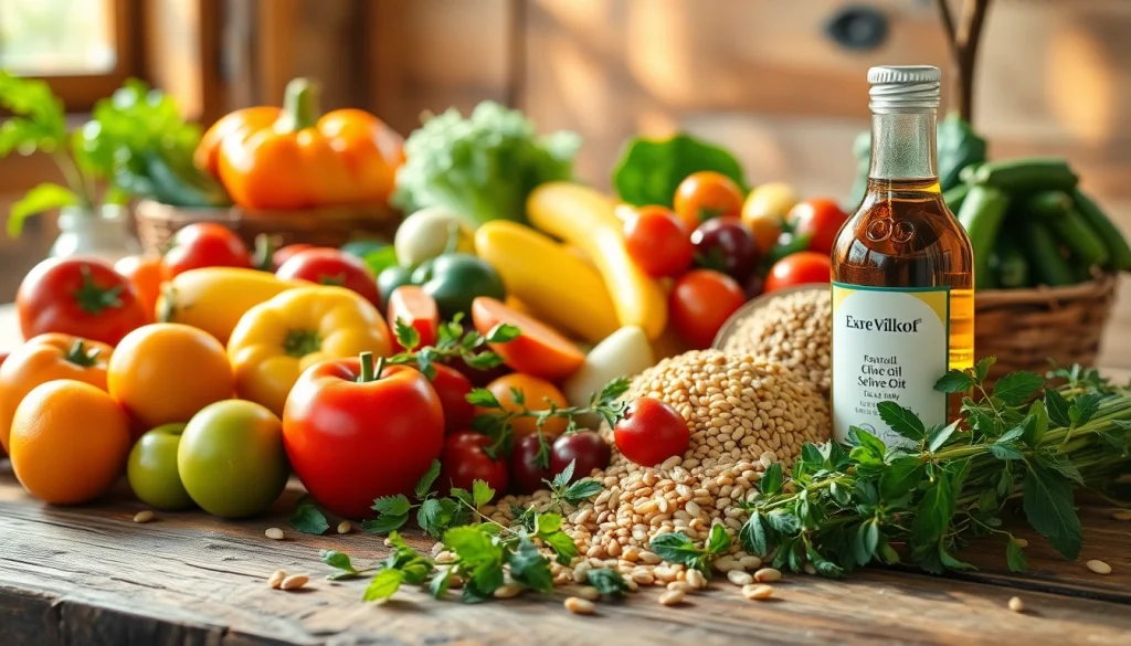 Delicious assortment of Mediterranean diet foods including fresh vegetables, fruits, and olive oil.