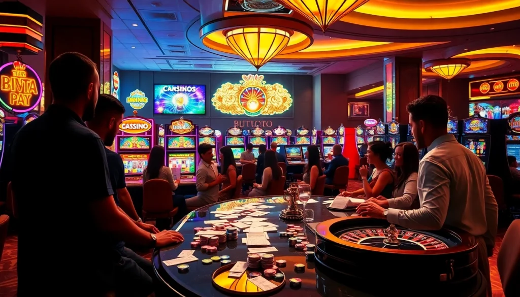 Players enjoy vibrant slot machines at birutoto casino, showcasing excitement and winning moments.