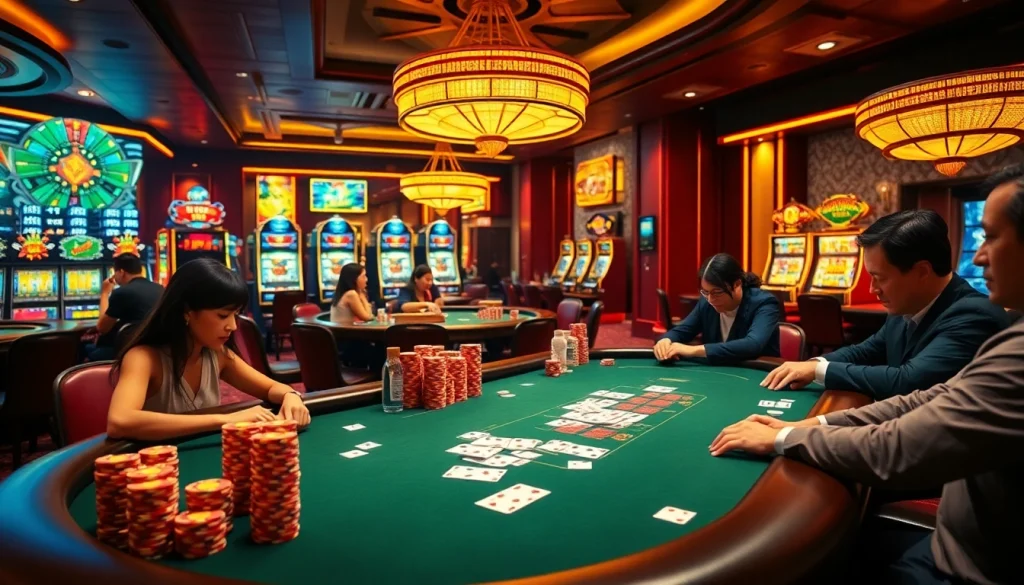 Gambling enthusiasts enjoying vibrant casino gameplay with 상품권카드 elements and poker chips scattered.