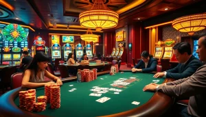 Gambling enthusiasts enjoying vibrant casino gameplay with 상품권카드 elements and poker chips scattered.