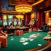 Gambling enthusiasts enjoying vibrant casino gameplay with 상품권카드 elements and poker chips scattered.