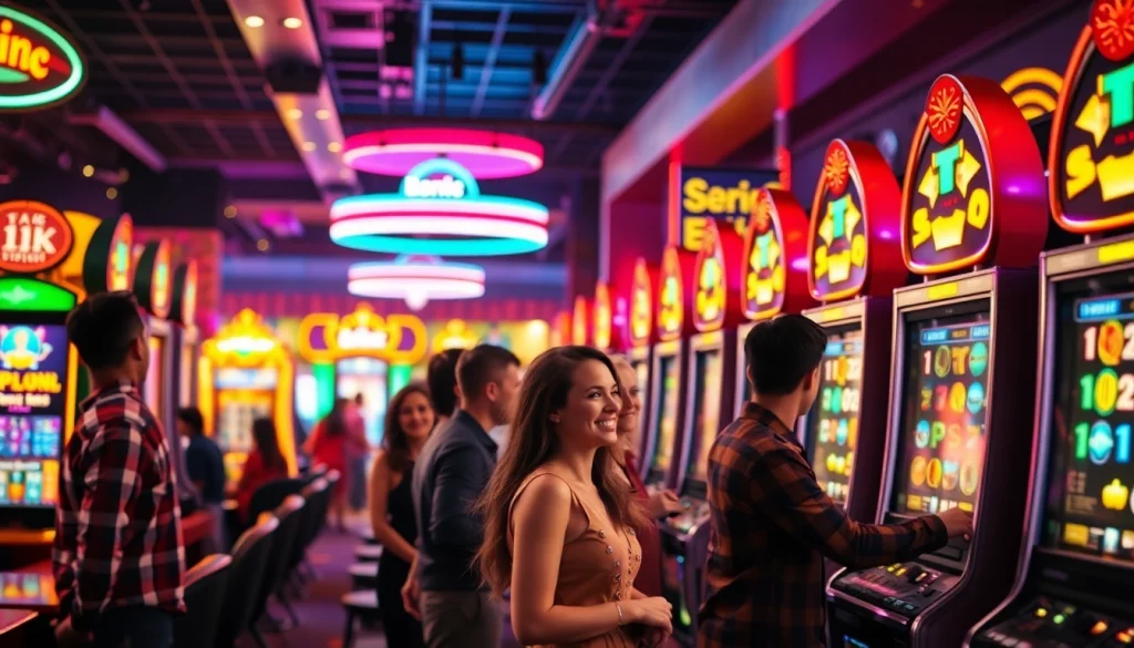 Menangkan hadiah di slot deposit 1k dengan suasana kasino yang energik dan penuh warna.