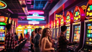 Menangkan hadiah di slot deposit 1k dengan suasana kasino yang energik dan penuh warna.