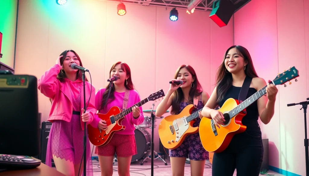 Dynamic portrayal of blackpink members engaging in music creation together.