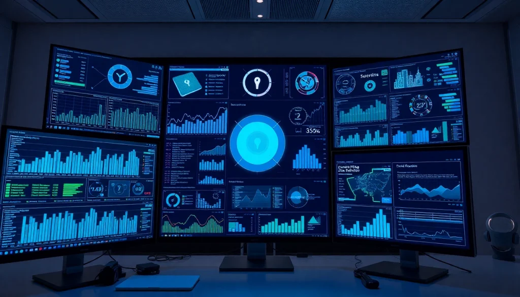 Cybersecurity AI interface displaying real-time analytics and threat detection in a modern tech workspace.