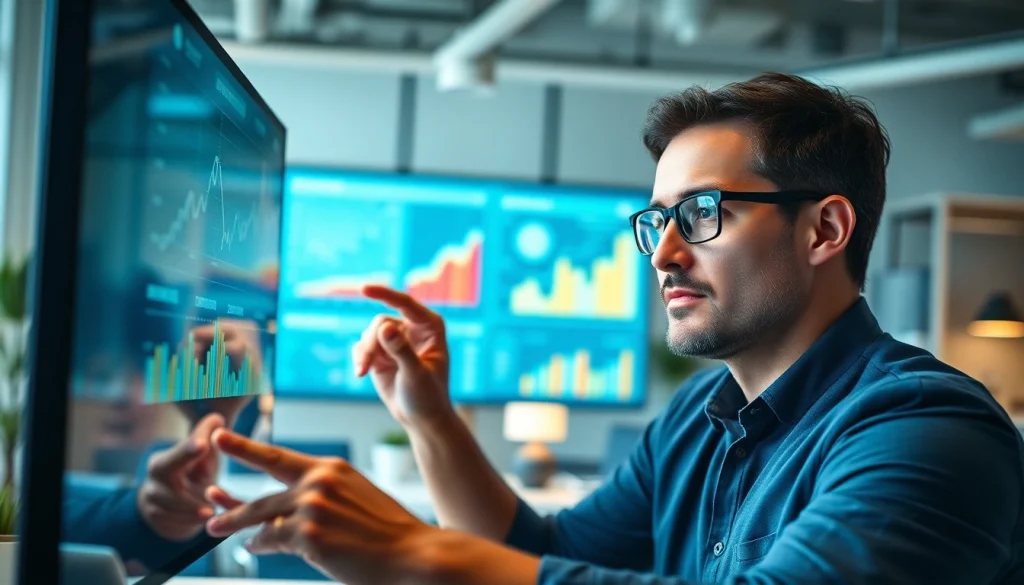 Analyze growth strategy trends with a professional strategist reviewing vibrant data visuals.