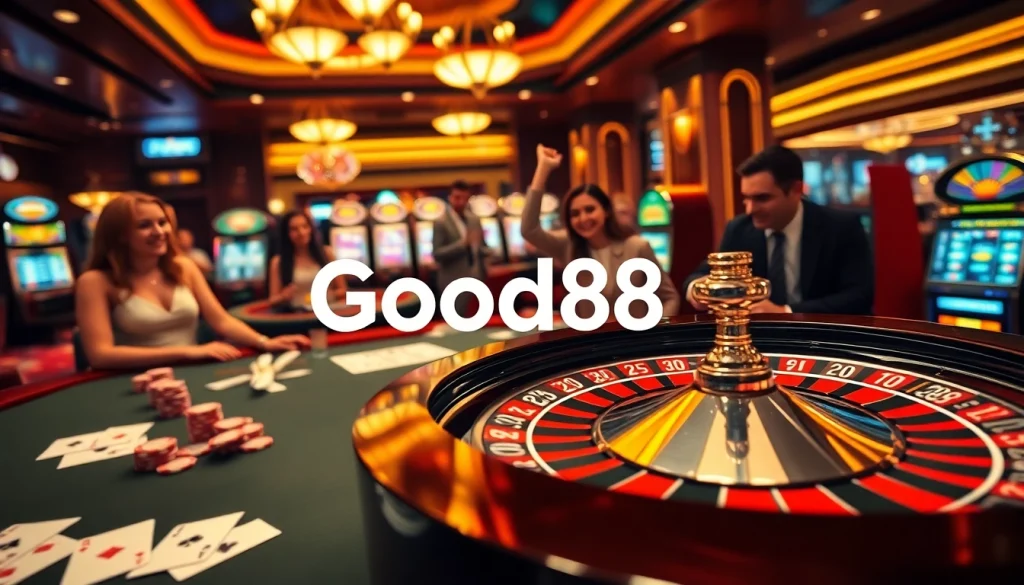 Players celebrate their wins at the glamorous good88 casino table, surrounded by vibrant gaming elements.