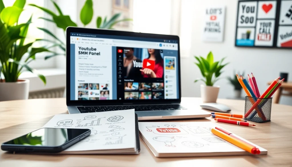 Engaging workspace showcasing a youtube smm panel interface amidst marketing tools and natural light.