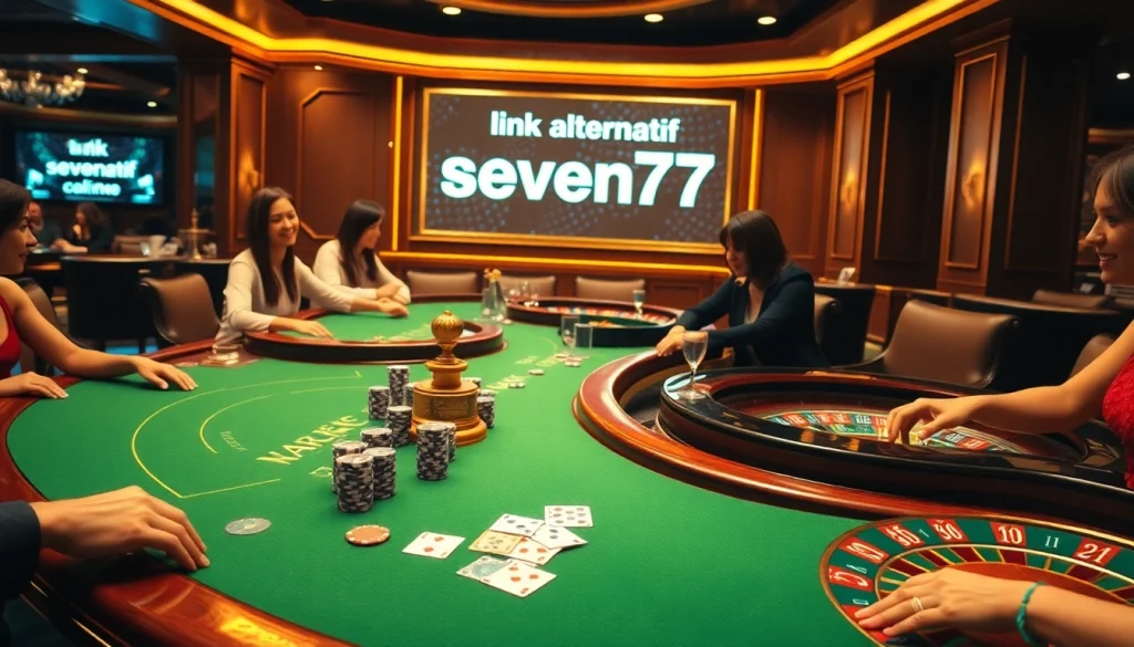 Players engaged in Blackjack and Roulette at a luxurious casino, featuring the link alternatif seven77 for enhanced online gaming.