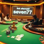 Players engaged in Blackjack and Roulette at a luxurious casino, featuring the link alternatif seven77 for enhanced online gaming.