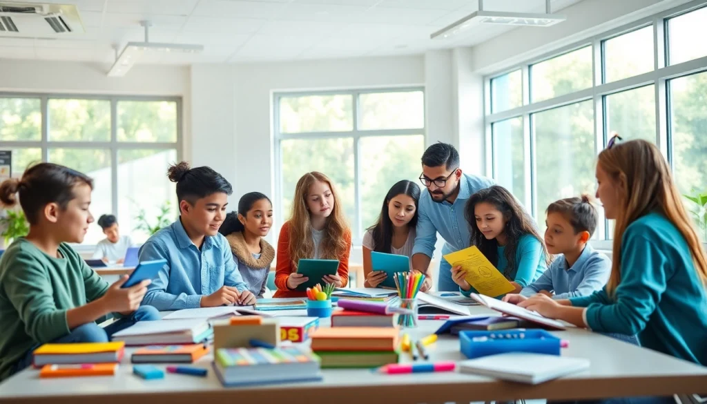 Dynamic classroom scene depicting education innovation and equity through collaboration.