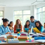 Dynamic classroom scene depicting education innovation and equity through collaboration.