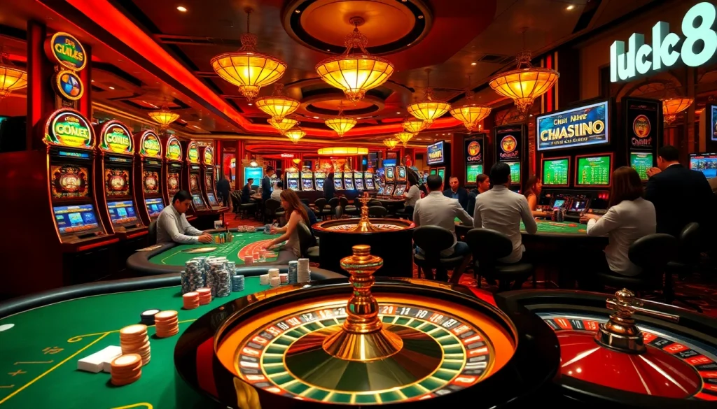 Players enjoying high-stakes games at nhà cái luck8, surrounded by vibrant casino elements.