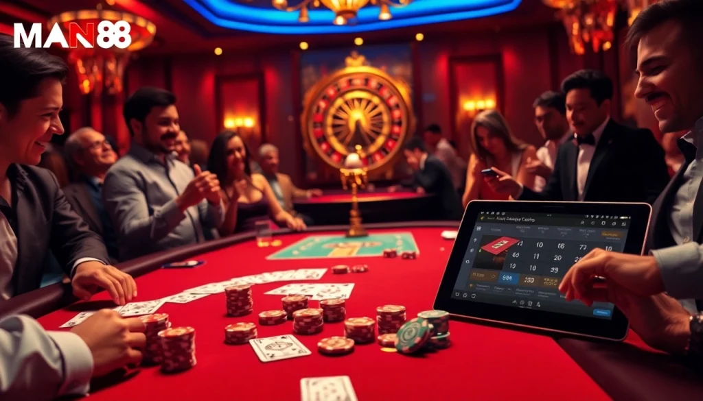 Experience the excitement of Man88 at a luxurious casino table with cards and chips.