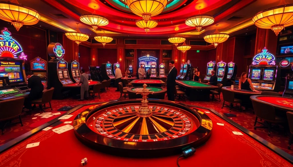 Engaging sbobet betting scene with roulette, poker tables, and lively casino ambiance.