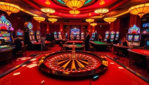 Engaging sbobet betting scene with roulette, poker tables, and lively casino ambiance.