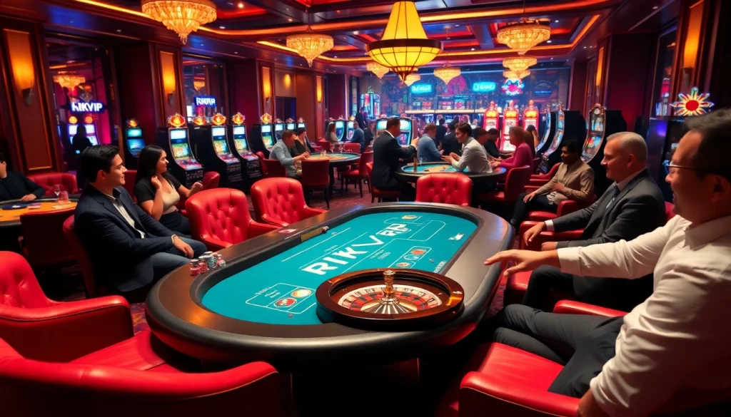 RIKVIP players eagerly betting at a vibrant casino table filled with cards and chips.