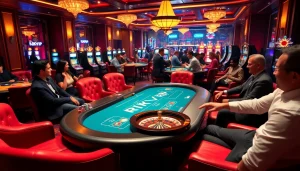 RIKVIP players eagerly betting at a vibrant casino table filled with cards and chips.