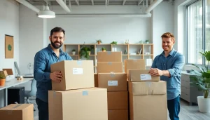 Professionelle Umzugsfirma packt Möbel für einen sorglosen Umzug in modernes Büro.