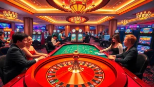 Experience the thrill of gambling at Trang chủ 32WIN with vibrant casino visuals showing players at tables and slots.