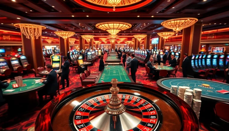 Experience the thrill of RR88 with vibrant casino tables and players enjoying high-stakes games.