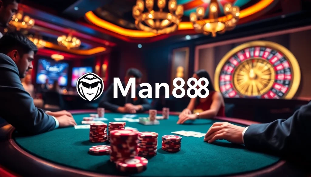 Players enjoying poker at a luxurious casino table with Man88 branding, showcasing excitement and strategy.