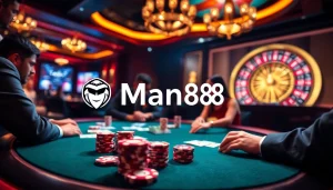 Players enjoying poker at a luxurious casino table with Man88 branding, showcasing excitement and strategy.