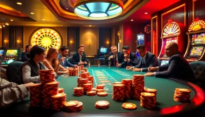 Excited players strategizing at a poker table in a luxury casino, emphasizing the hidden wiki link concept.