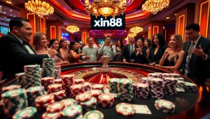 Experience the thrill of winning at the luxurious xin88 casino with vibrant roulette tables and excited players.