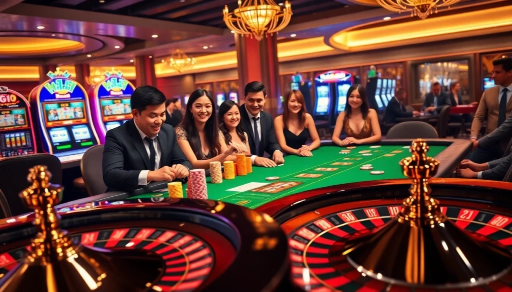 Experience the excitement of nhà cái mm88 with vibrant casino elements like poker chips, slot machines, and roulette wheels.