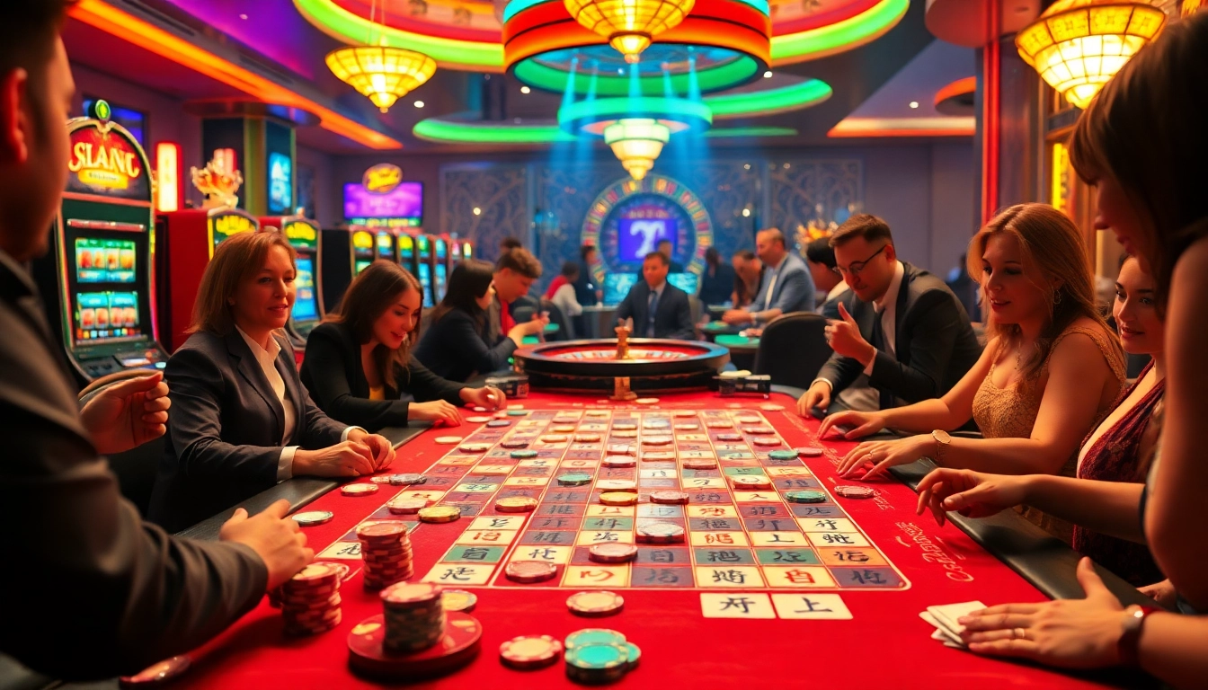Link mahjong gaming table with vibrant tiles and excited players in a lively casino. Experience the thrill of connecting tiles for an exciting win!