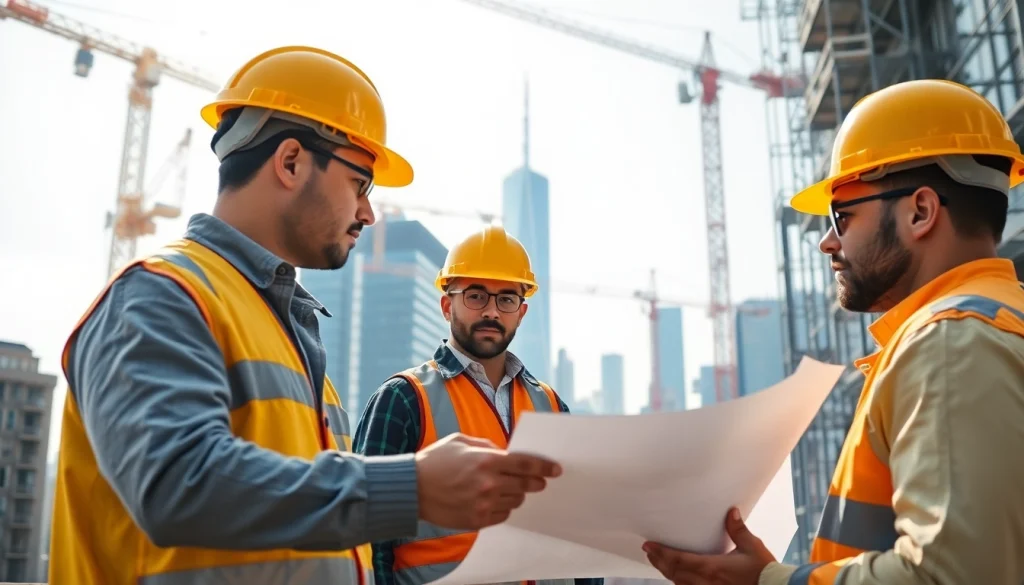 New York City General Contractor collaborating with a diverse team on a skyscraper project.