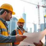 New York City General Contractor collaborating with a diverse team on a skyscraper project.