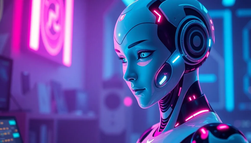 Engaging character ai nsfw digital artwork featuring a futuristic AI character in a vibrant neon-lit virtual environment.