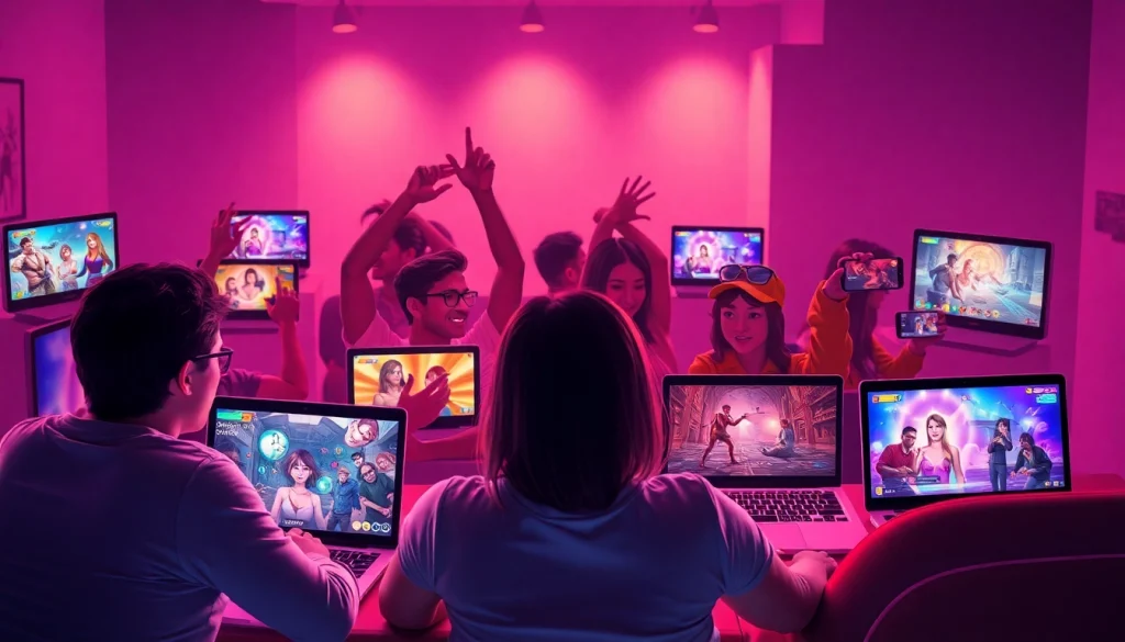 Exciting scene of users engaging with free porn games on various devices.