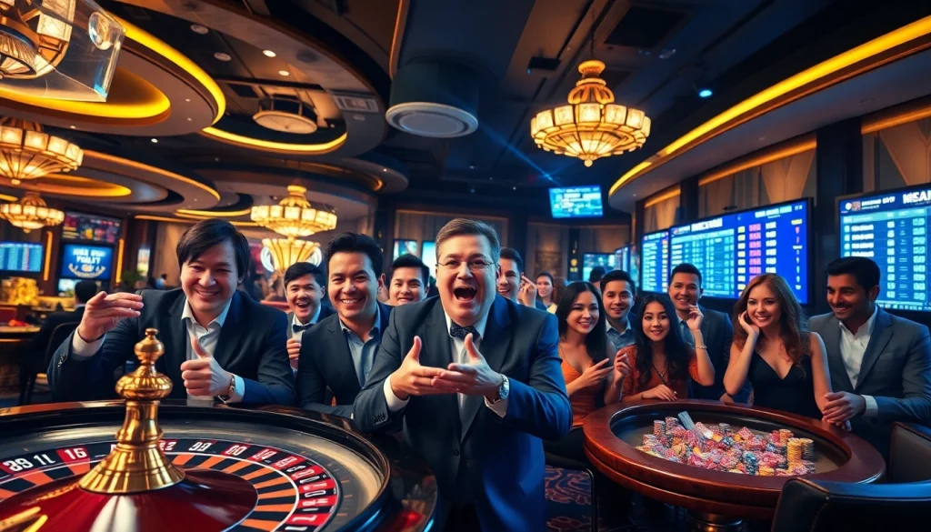 Excited bettors engaging with link alternatif sbobet in a luxurious casino setting.