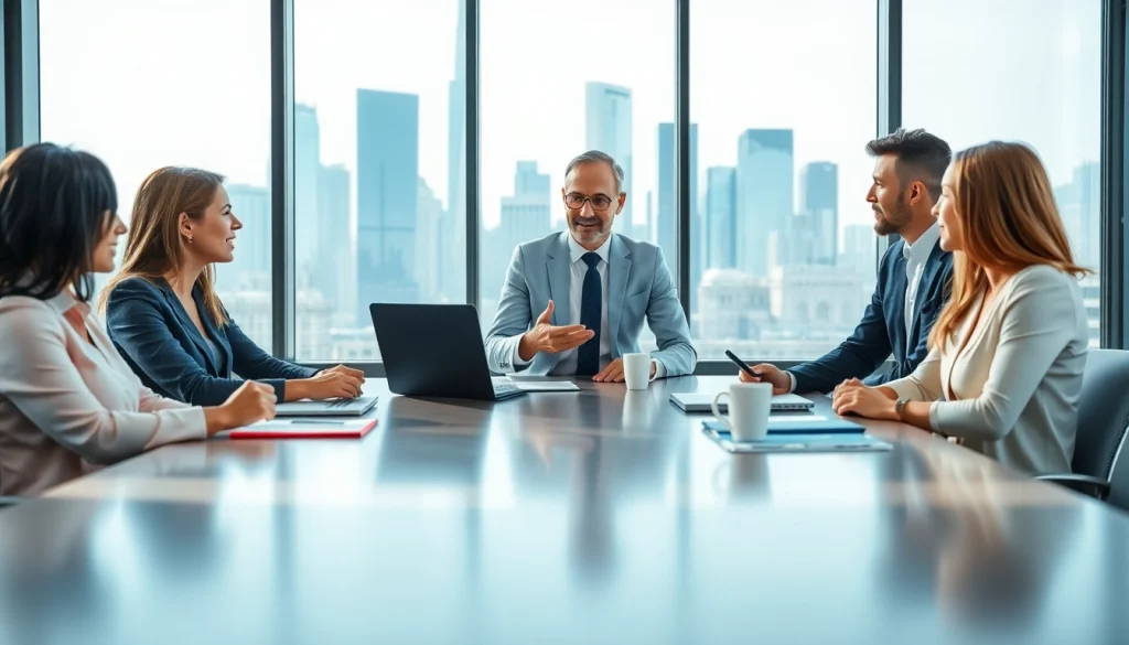 Crisis management consultant leading a strategic discussion in a modern office setting.