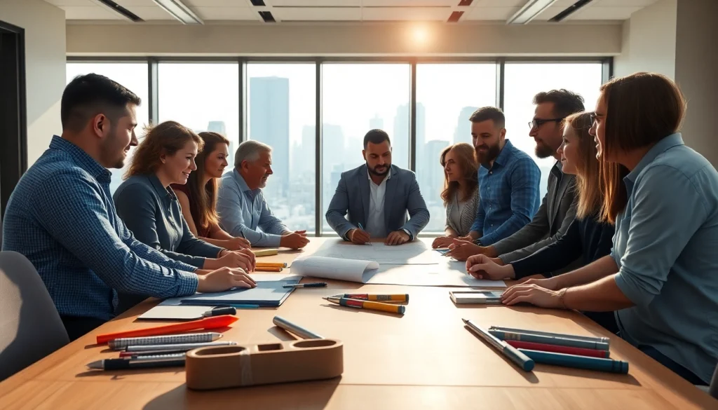 Collaborative atmosphere in a construction member organization meeting with members discussing plans.