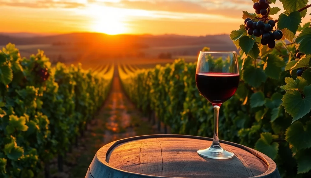 Savoring a sunset view of wineries in Clarksburg with lush vineyards and wine glass.