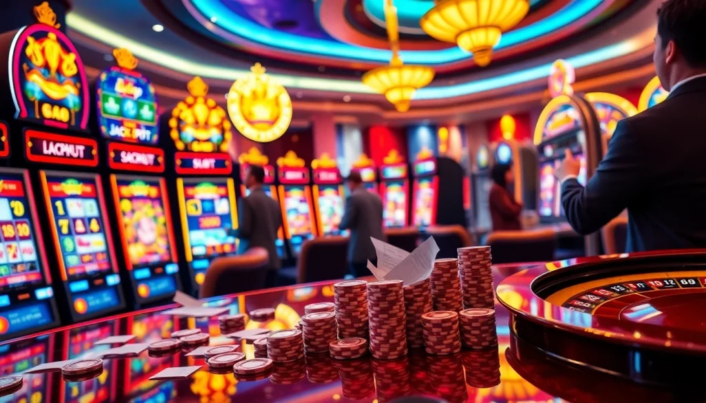Pemain yang antusias memenangkan mesin Slot Depo 1000 di lingkungan kasino mewah.